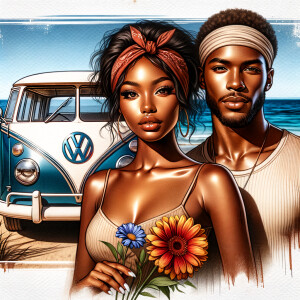 Airbrush image of a couple Holding Flowers African American woman warm honey skin, slimthick,  full lips, long lashes ,African American Fit man brown skin tone, headband, VW Volkswagen, ink wash, contrast colors, blue lake high definition 4K