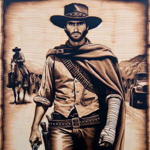 An old west cowboy standing in the middle of the road, six shoot...