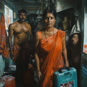 Hyperrealistic painting1:1, a 54-year-old Gujarati housemaid wea...