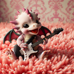 A baby dragon playing the electric guitar on a pink shag carpet.