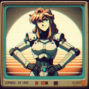 1990s anime screencap, girl a plugsuit, standing with hands on h...
