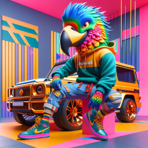 Create a colorful/psyscadelic character of big bird wearing a Ni...