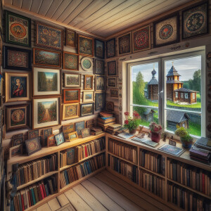 Interior of a low bright room with bookshelves, paintings and wi...