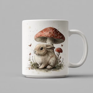 Rabbit under mushroom, watercolor on a white background, mug ill...