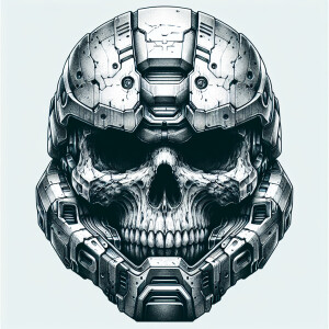 A detailed pencil drawing of the skull face and helmet from a Sp...