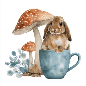 Rabbit under mushroom, watercolor on a white background, vector-...