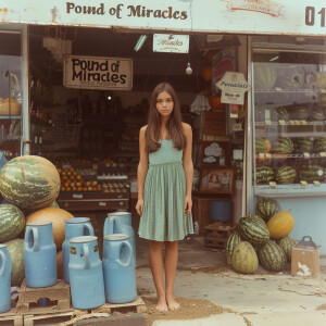 Create a faded film photograph from the early 1970s of a gorgeou...