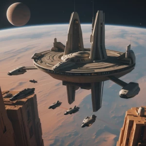 Depict a massive deco architecture-inspired space station in 2200, orbiting the planet Mars. Showcase the space station above mars, small spacecraft engaging in docking and undocking maneuvers, and include imposing military vessels safeguarding the station. All following a deco design, with sleek and clean looking style and asymmetrical designs.