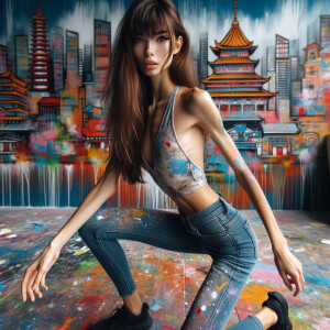 Very thin Athletic Thin skinny Attractive, Asian teenage girl, long brown hair and bangs, wearing tight skinny jeans and a halter top paint marks on her clothing, heroic sideways pose Asian graffiti background