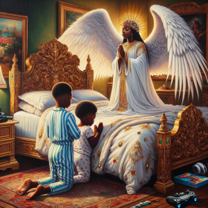 An oil painting of two African-American children with dark skin,...