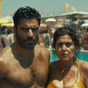 A muscular, beefy man with the appearance of a criminal walks al...