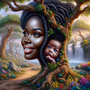 Create a close-up, hyper-realistic 3-D oil painting of a tree wi...