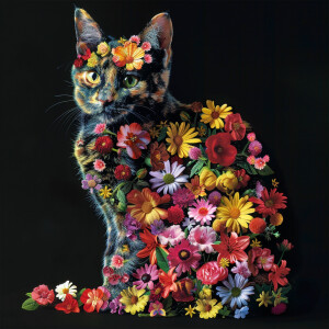 Imagine a cartoon of a cat with a body covered in a vibrant arra...