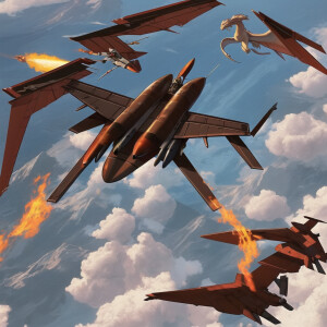F2. 2 fighter aircraft in an aerial fight with a fire breathing...