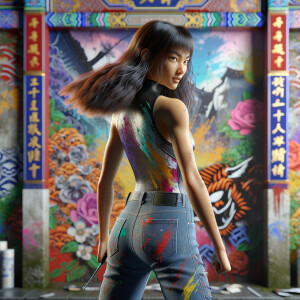 Athletic Thin skinny Attractive, Asian teenage girl, long brown hair and bangs, wearing tight skinny jeans and a halter top paint marks on her clothing, heroic pose Asian graffiti background, backside view