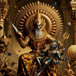 portrait of angry looking goddess durga sitting on a gold crown...