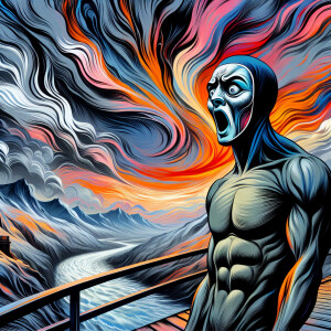 Jason Voorhees,vivid expression of surprise and anxiety, standin...