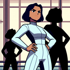 1990s anime screencap, girl a plugsuit, standing with hands on h...