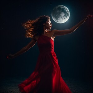 A woman wearing red dress, dancing in the dark, in the pale moon...