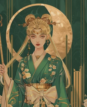 Elegant, cinematic portrait of a Sailor Moon–Geisha heroine in a...