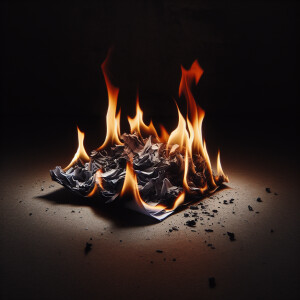 A burnt piece of looseleaf paper on a fire with a black backgrou...