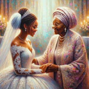 Imagine a hyper-realistic oil painting that captures a tender moment between theAfrican American bride and her God. The setting is intimate and filled with soft, warm lighting that enhances the emotional depth of the scene. The bride, in herexquisite wedding gown, shares a heartfelt embrace with her african-American Lord Jesus , who is dressedin an elegant outfit that complements the wedding's color scheme. Their expressions are full of love, pride, and joy, reflecting the special bond between them. Theattention to detail is paramount, from the intricate designs of their dresses to the subtle emotions conveyed in their facial expressions. The background is a blur ofgentle pastel hues, ensuring that the focus remains on this touching moment. Thispainting should convey the warmth, love, and depth of the relationship, with the rich textures and vibrant strokes characteristic of oil paintings, capturing the essence of this significant pre-wedding moment.