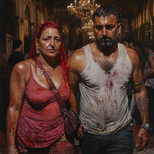 Hyperrealistic painting.A sweaty beefy man walking with his 54 y...