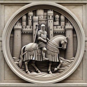 3d bas relief of a knight templar on a horse in front of a castl...