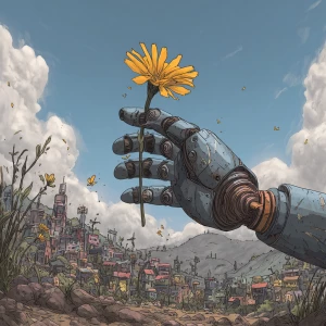 the robot's metal finger touches the yellow petals of the flower...