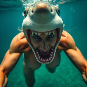 Full-body photograph of a muscular, shark-like woman, with an op...