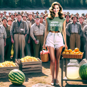 create a film snapshot from 1972 of dozens of dour men standing...