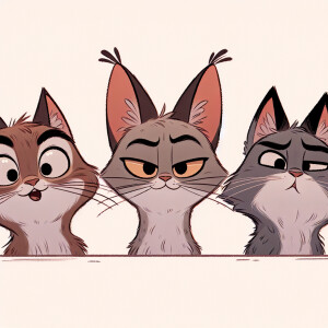 Three cartoon cat heads peeking over a ledge, each with a distin...