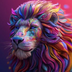 Create a 3D-rendered 8k UHD image of a lion with an extremely detailed, oversized psychedelic mane, incorporating vibrant colors and intricate patterns to emphasize a professional level of detail.