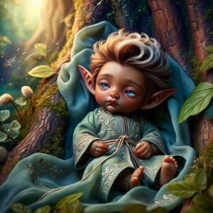 An elven baby with dark brown skin, blue eyes, and blonde hair.