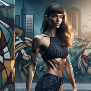 Athletic Thin skinny Attractive, Asian teenage girl, long brown hair and bangs, wearing tight skinny jeans and a halter top paint marks on her clothing, heroic pose Asian graffiti background, side view