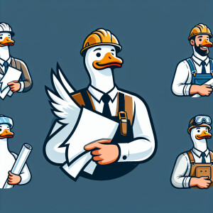 white goose wearing a project helmet and carrying an architectur...