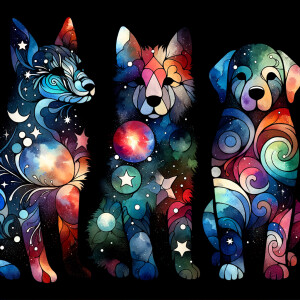 A black background with watercolor designs scattered around, sca...