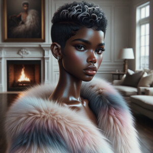 a full body veiw of a colorful gloss hyper realistic oil painting of a regal beautiful light skinned afro  American girlwith beautiful pixie cut one side of hair is black and the other side  of her hair white slick baby hair and furry white and pink and blue furry coat and outfit under the coat standing in living room with fireplace