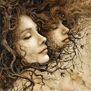 A depiction of a divine feminine with long, brown, curly hair in...
