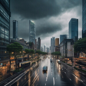 Imagine an urban cityscape on a rainy day, where businesses thri...