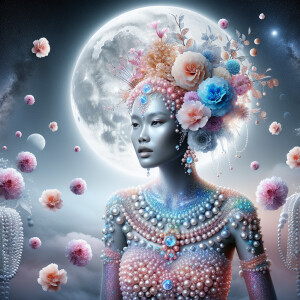 "Create an image of a majestic light skin Hawaiian woman whose f...