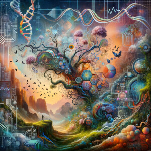 circuitry, diagrams Cellular structures, DNA, circuit boards, colorful wires,  asian and Egyptian  graffiti, lie detector graphs, cardio, printout , branches infinity sign, cave, Art, handprints, distant birds flying, flowering vines, abstract gestural painting, dna