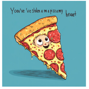 Cartoon-style pizza slice featuring heart-shaped pepperoni and a...