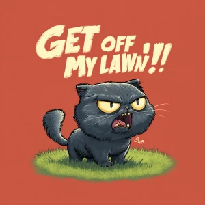 A grumpy cartoon-style cat standing on a lawn, fur fluffed up, o...