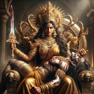 portrait of angry looking goddess durga sitting on a gold crown...