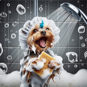 A singing happy cute [yorkie] with a shower cap soaps itself wit...