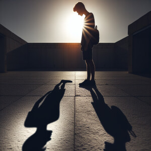 A silhouette of a person standing in a sunlit area, casting a sh...