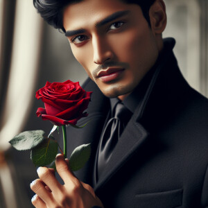 A man with black coat and red rose with fair color