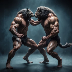 2 Lycans hairymuscles showing off full body view fighting