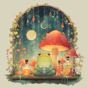 Whimsical fantasy illustration of a cute green frog peacefully m...